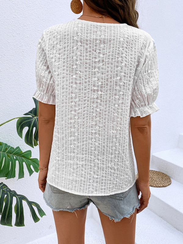 Tops- Create a Chic Summer Look with Our Eyelet Embroidery Women's Blouse! - Casual Top- - Pekosa Women Clothing