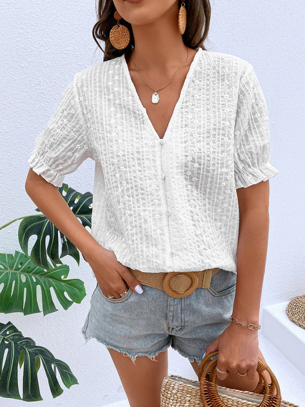 Tops- Create a Chic Summer Look with Our Eyelet Embroidery Women's Blouse! - Casual Top- - Pekosa Women Clothing