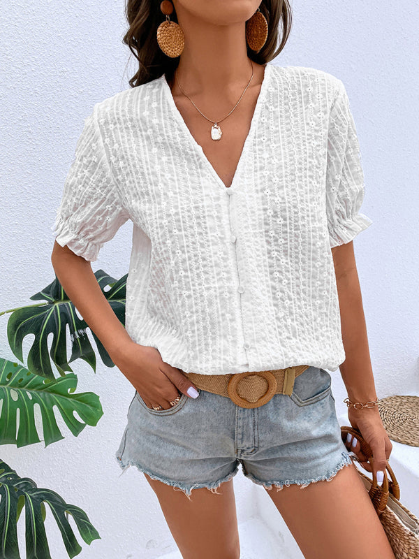 Tops- Create a Chic Summer Look with Our Eyelet Embroidery Women's Blouse! - Casual Top- - Pekosa Women Clothing