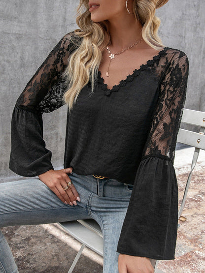 Tops- Elegant Lace Inlay V Neck Blouse: Casual Style, Long Bell Sleeves Top- Black- Pekosa Women Clothing