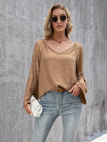 Tops- Elegant Lace Inlay V Neck Blouse: Casual Style, Long Bell Sleeves Top- Khaki- Pekosa Women Clothing