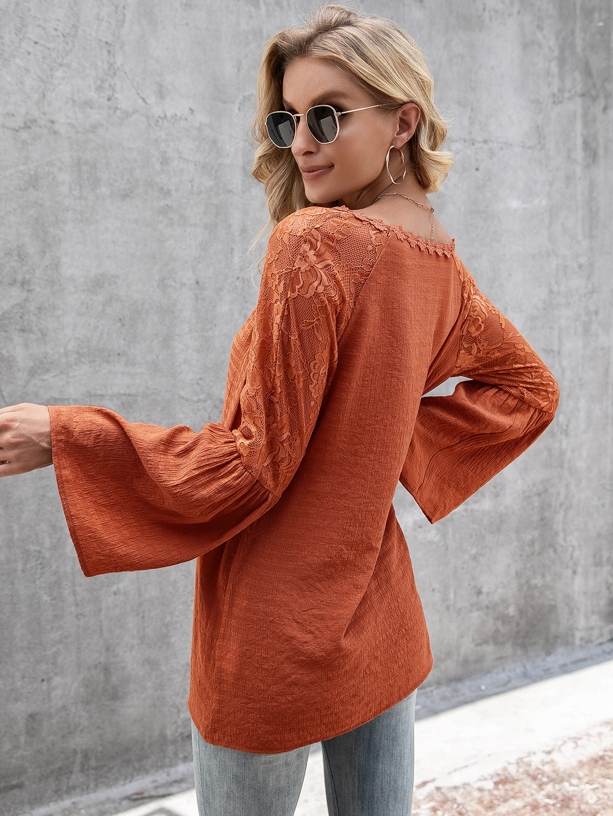 Tops- Elegant Lace Inlay V Neck Blouse: Casual Style, Long Bell Sleeves Top- - Pekosa Women Clothing