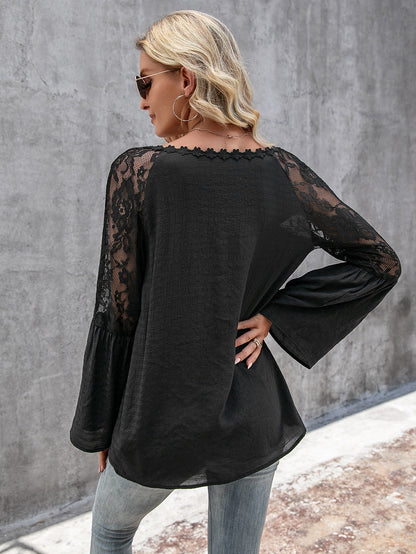 Tops- Elegant Lace Inlay V Neck Blouse: Casual Style, Long Bell Sleeves Top- - Pekosa Women Clothing