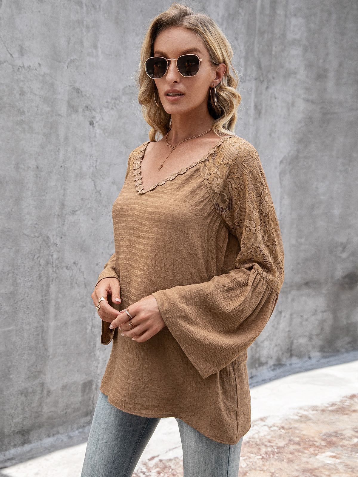 Tops- Elegant Lace Inlay V Neck Blouse: Casual Style, Long Bell Sleeves Top- - Pekosa Women Clothing