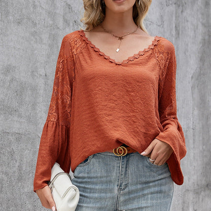 Tops- Elegant Lace Inlay V Neck Blouse: Casual Style, Long Bell Sleeves Top- Orange Red- Pekosa Women Clothing