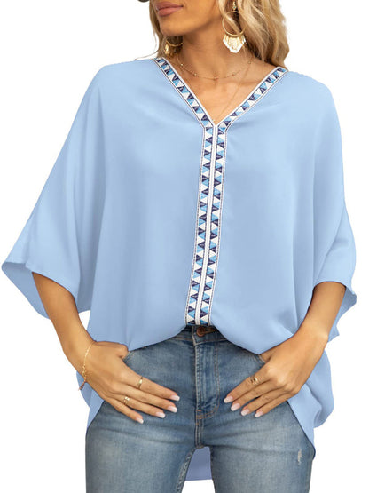 Tops- Elegant Women's Batwing V Neck Blouse Top- Sky blue- Pekosa Women Clothing