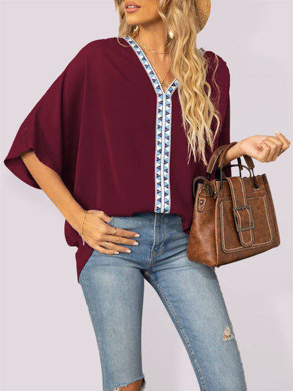 Tops- Elegant Women's Batwing V Neck Blouse Top- Wine Red- Pekosa Women Clothing