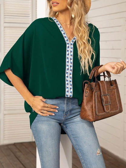 Tops- Elegant Women's Batwing V Neck Blouse Top- Green black jasper- Pekosa Women Clothing