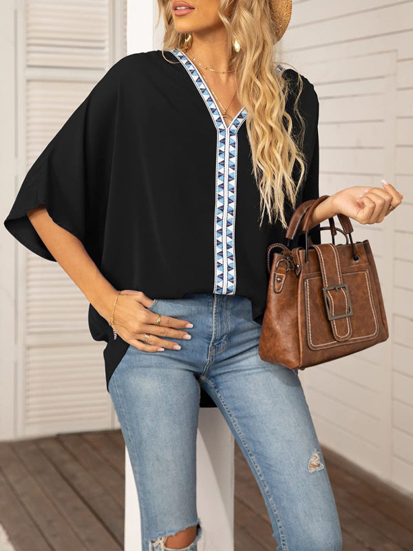 Tops- Elegant Women's Batwing V Neck Blouse Top- Black- Pekosa Women Clothing