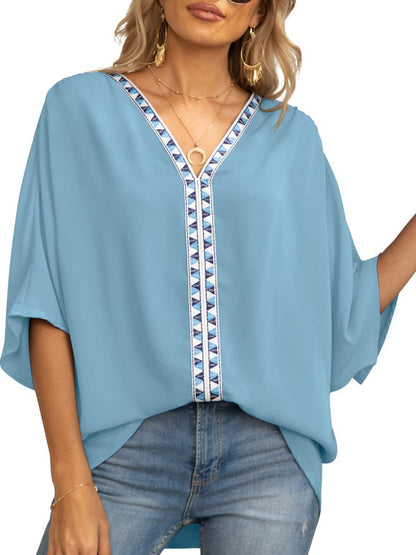 Tops- Elegant Women's Batwing V Neck Blouse Top- Blue- Pekosa Women Clothing