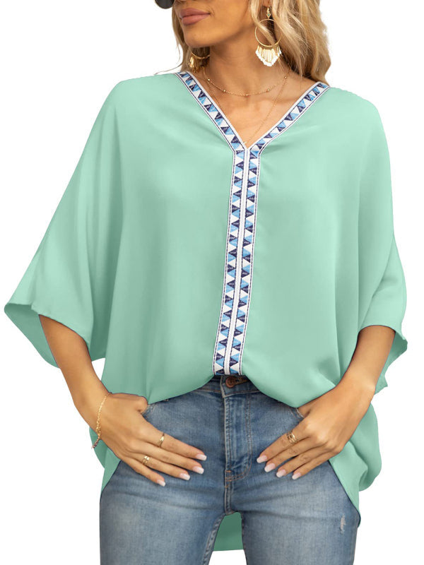 Tops- Elegant Women's Batwing V Neck Blouse Top- - Pekosa Women Clothing