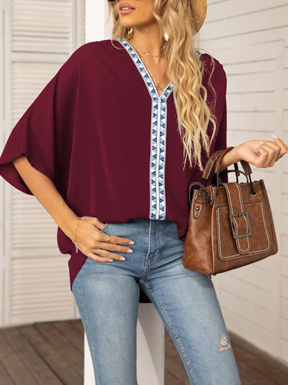 Tops- Elegant Women's Batwing V Neck Blouse Top- - Pekosa Women Clothing