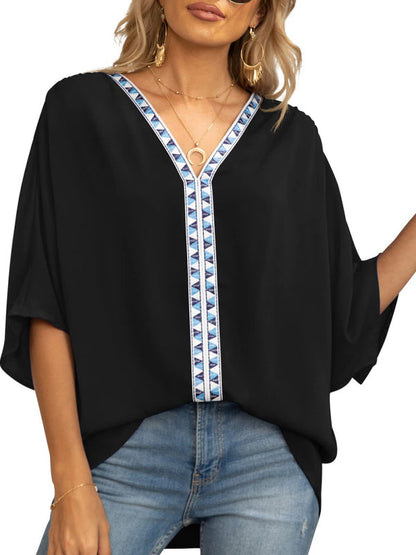 Tops- Elegant Women's Batwing V Neck Blouse Top- - Pekosa Women Clothing