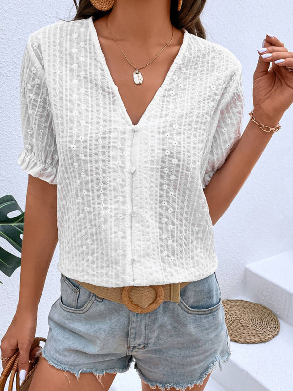 Tops- Elegant Women's Cotton Puff Sleeves Shirt - Delicate Embroidery Top- - Pekosa Women Clothing