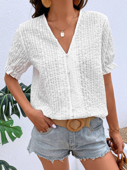 Tops- Elegant Women's Cotton Puff Sleeves Shirt - Delicate Embroidery Top- White- Pekosa Women Clothing