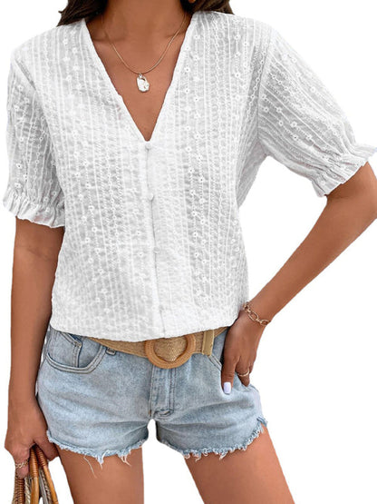 Tops- Elegant Women's Cotton Puff Sleeves Shirt - Delicate Embroidery Top- - Pekosa Women Clothing