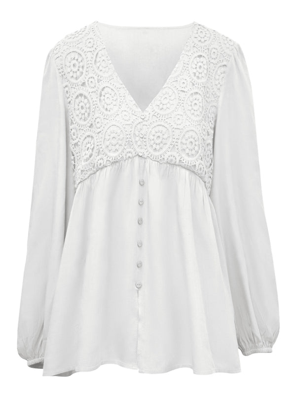 Tops- Embroidered Lace Blouse - Balloon Sleeve Button Top- - Pekosa Women Clothing