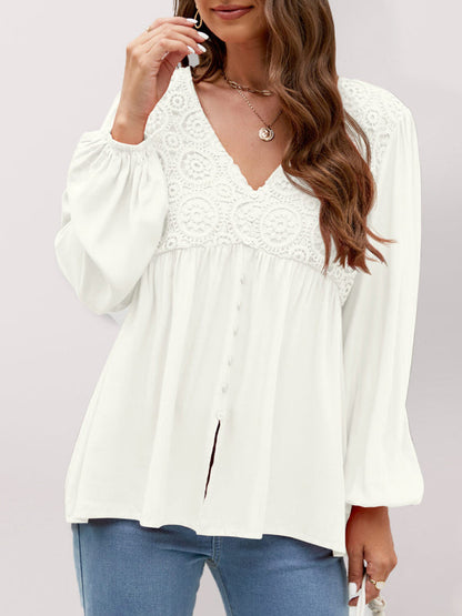 Tops- Embroidered Lace Blouse - Balloon Sleeve Button Top- White- Pekosa Women Clothing