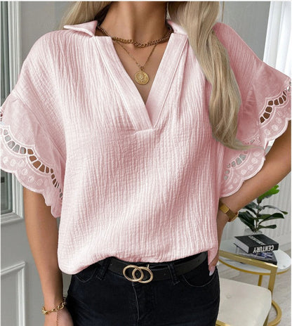 Tops- Exclusive Textured Batwing Sleeve Blouse with Lace Accents- - Pekosa Women Clothing