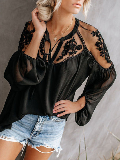 Tops- Experience effortless style with our Sexy Lace Pullover T-Shirt Blouse!- Black- Pekosa Women Clothing