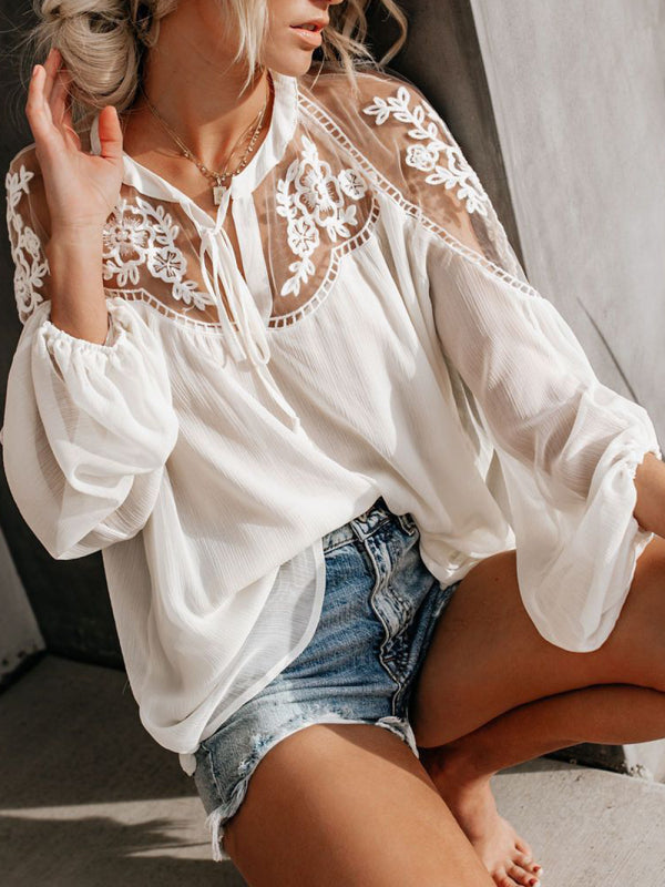 Tops- Experience effortless style with our Sexy Lace Pullover T-Shirt Blouse!- - Pekosa Women Clothing