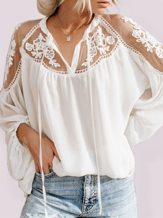 Tops- Experience effortless style with our Sexy Lace Pullover T-Shirt Blouse!- White- Pekosa Women Clothing