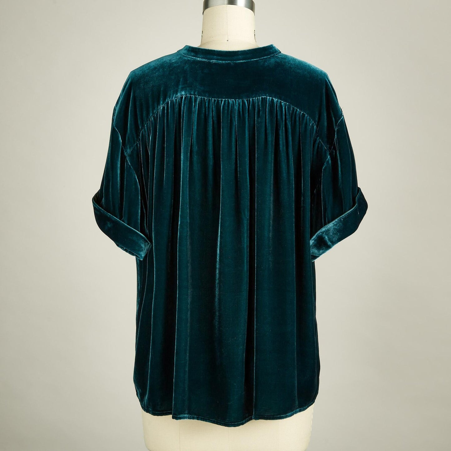 Tops- Fall Velour Blouse | Velvet Shirt with Short Sleeves- - Pekosa Women Clothing