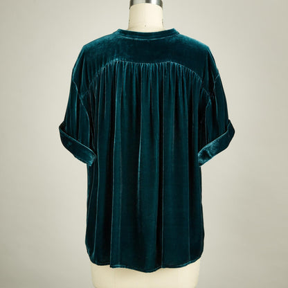 Tops- Fall Velour Blouse | Velvet Shirt with Short Sleeves- - Pekosa Women Clothing