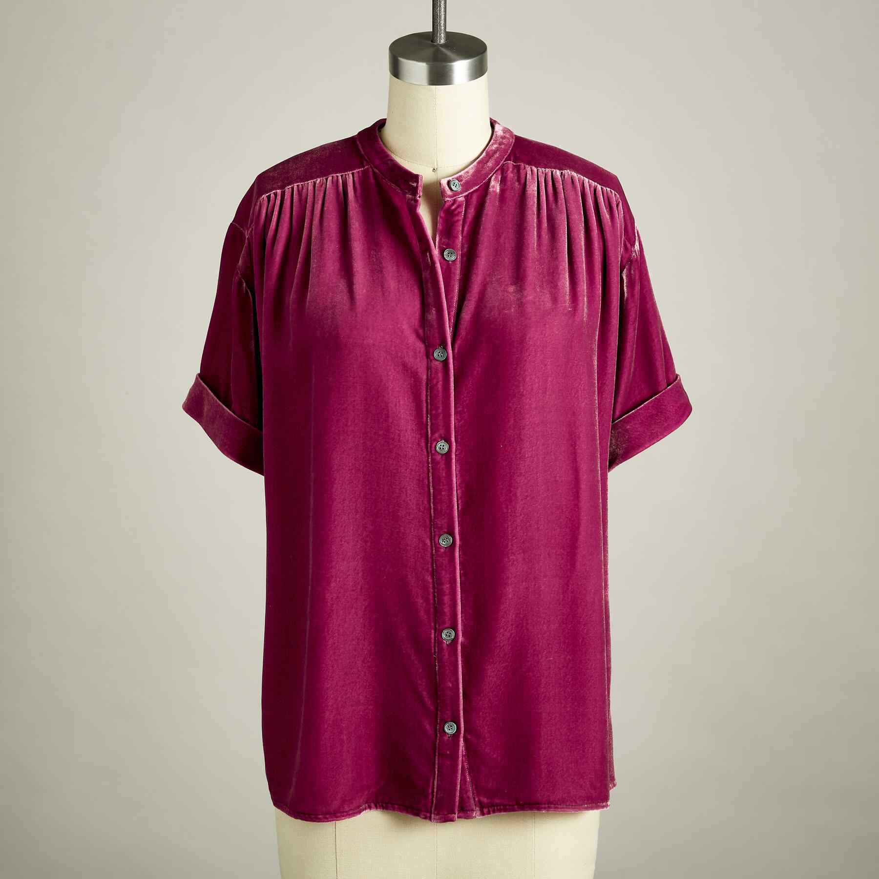 Tops- Fall Velour Blouse | Velvet Shirt with Short Sleeves- - Pekosa Women Clothing