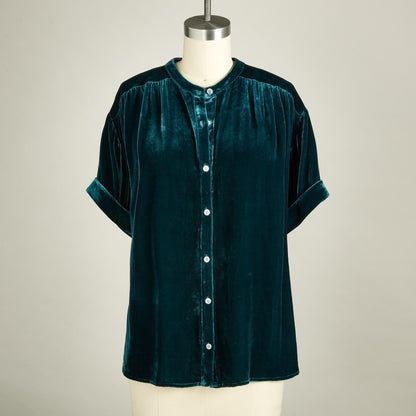 Tops- Fall Velour Blouse | Velvet Shirt with Short Sleeves- - Pekosa Women Clothing