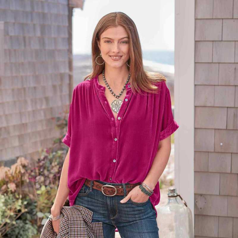 Tops- Fall Velour Blouse | Velvet Shirt with Short Sleeves- Rose- Pekosa Women Clothing