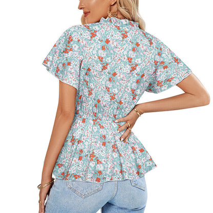 Tops- Floral Fun: Casual T-Shirt with Belted Waist- - Pekosa Women Clothing