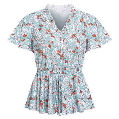 Tops- Floral Fun: Casual T-Shirt with Belted Waist- - Pekosa Women Clothing