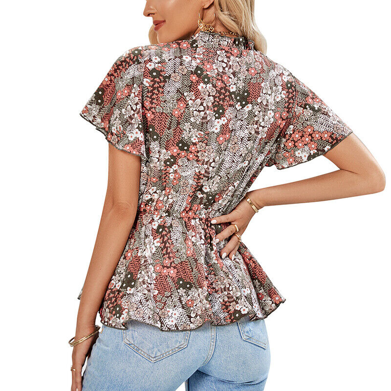 Tops- Floral Fun: Casual T-Shirt with Belted Waist- - Pekosa Women Clothing