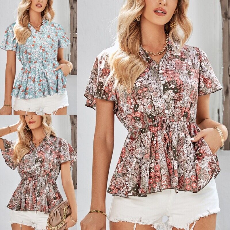 Tops- Floral Fun: Casual T-Shirt with Belted Waist- - Pekosa Women Clothing