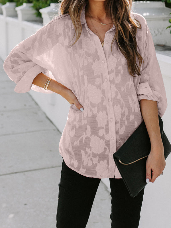 Tops- Floral Sheer Lace Women's Shirt Top for Casual and Dressy Occasions- Pink- Pekosa Women Clothing