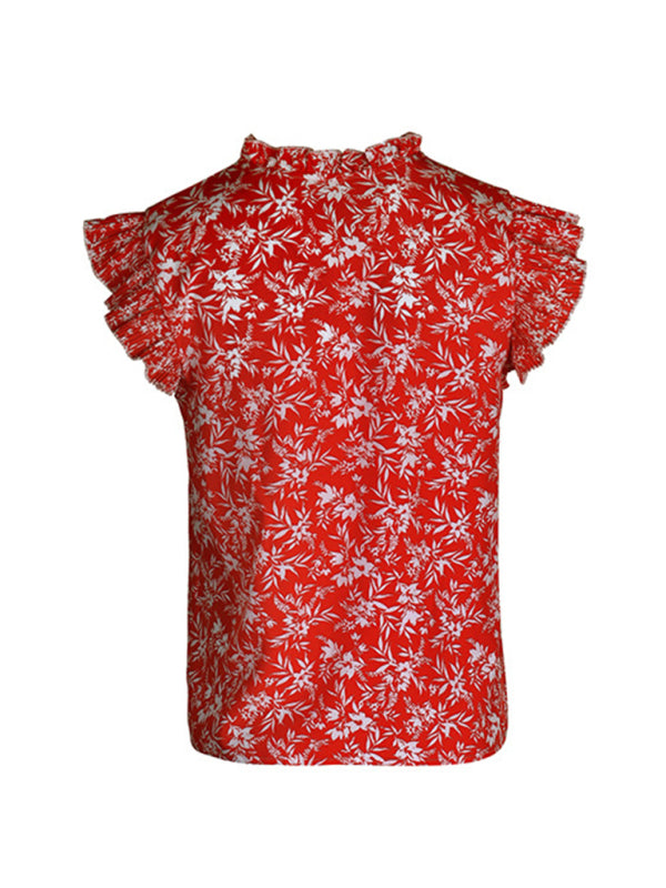 Tops- Frill Shoulder Floral V-Neck Blouse | Floral Print Top- - Pekosa Women Clothing