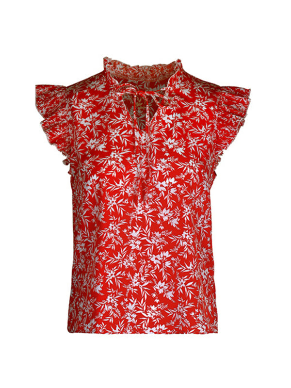 Tops- Frill Shoulder Floral V-Neck Blouse | Floral Print Top- - Pekosa Women Clothing