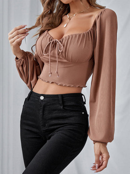 Tops- Fun and Flirty Crop Top with Bubble Puff Sleeves- - Pekosa Women Clothing