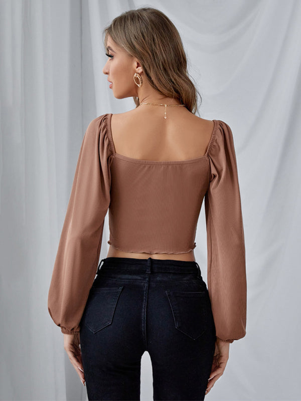 Tops- Fun and Flirty Crop Top with Bubble Puff Sleeves- - Pekosa Women Clothing