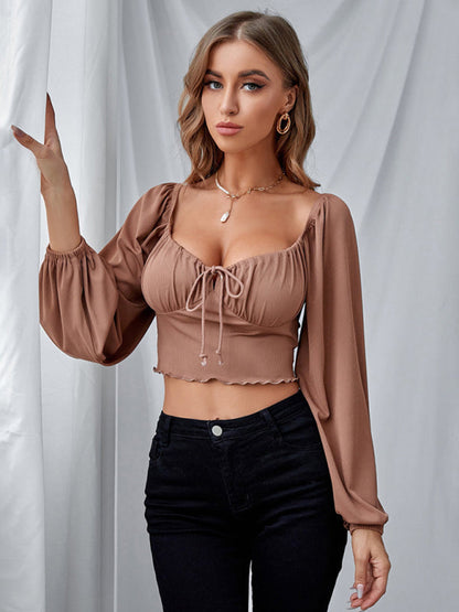 Tops- Fun and Flirty Crop Top with Bubble Puff Sleeves- - Pekosa Women Clothing