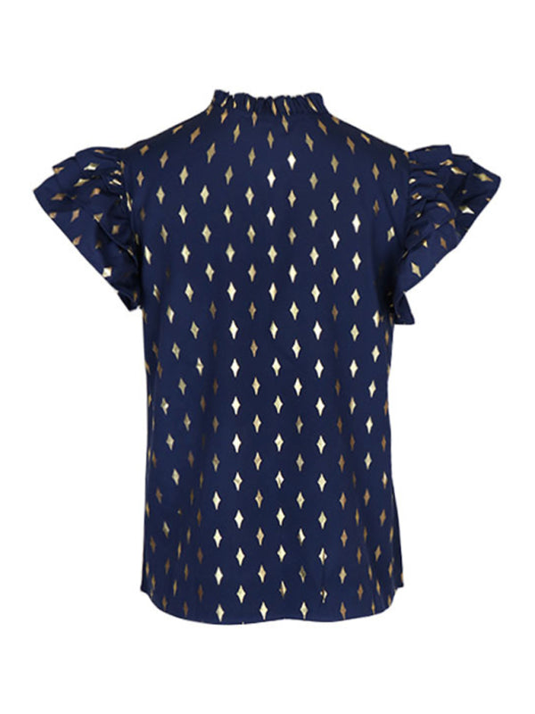 Tops- Geometric Gold Print V Neck Layered Sleeve Blouse Top- - Pekosa Women Clothing