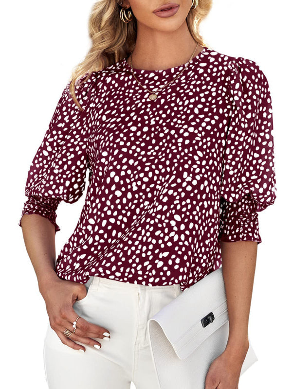 Tops- Leopard Print Blouse - Trendy Animal Print 3/4 Sleeve Top- Wine Red- Pekosa Women Clothing