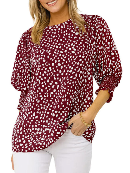 Tops- Leopard Print Blouse - Trendy Animal Print 3/4 Sleeve Top- - Pekosa Women Clothing