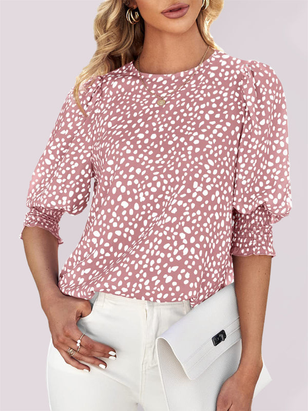 Tops- Leopard Print Blouse - Trendy Animal Print 3/4 Sleeve Top- Pink- Pekosa Women Clothing