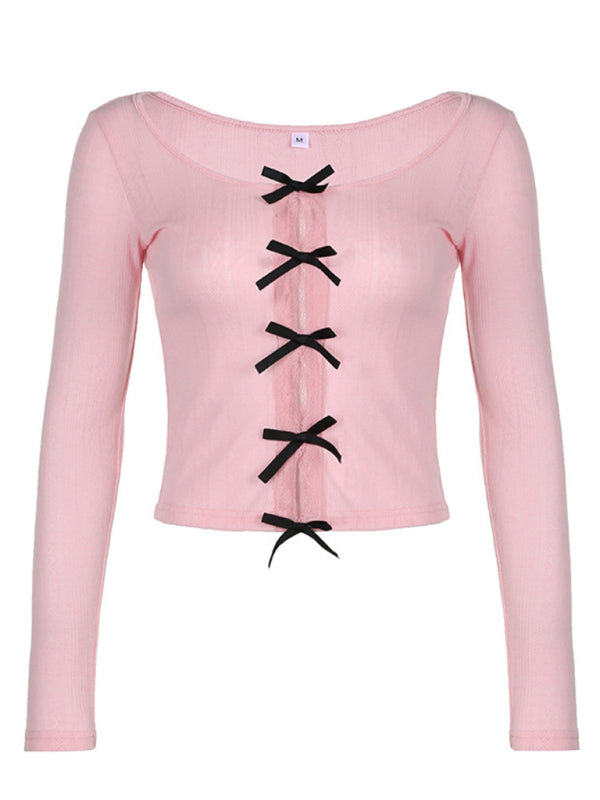 Tops- Long Sleeve Bow Cutout Tee | Lace-Accented Knitted Top- - Pekosa Women Clothing