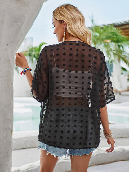 Tops- Open Front Cover-Up - Sheer Shirt Cascade Top with 3/4 Sleeves- - Pekosa Women Clothing