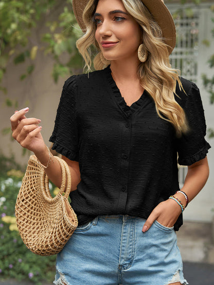 Tops- Perfect for Any Occasion: Women's Short Sleeve Top with Ruffle Details- Black- Pekosa Women Clothing