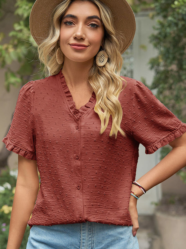 Tops- Perfect for Any Occasion: Women's Short Sleeve Top with Ruffle Details- - Pekosa Women Clothing