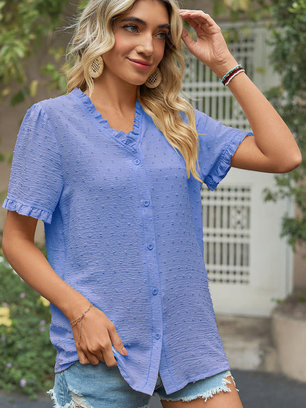 Tops- Perfect for Any Occasion: Women's Short Sleeve Top with Ruffle Details- - Pekosa Women Clothing